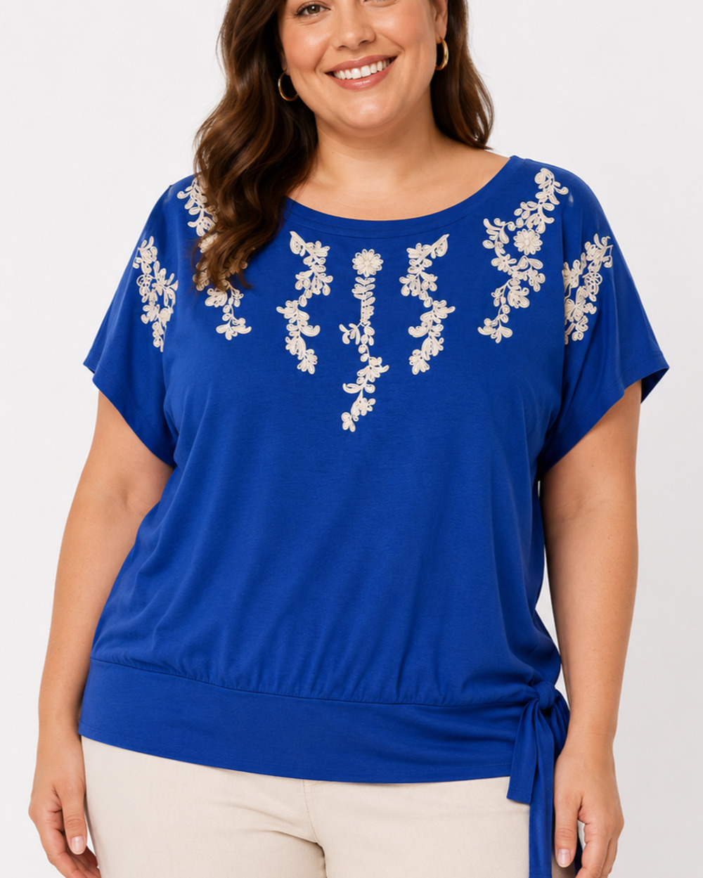Lane Bryant Blue Top White Embroidery Side Tie Womens Plus 22/24 Cotton Modal